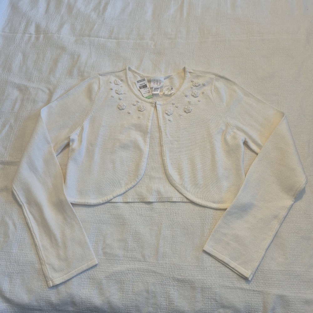 CRB girls size XL 14/16 Off white bolero sweater embroidered flowers NEW 1 mark
